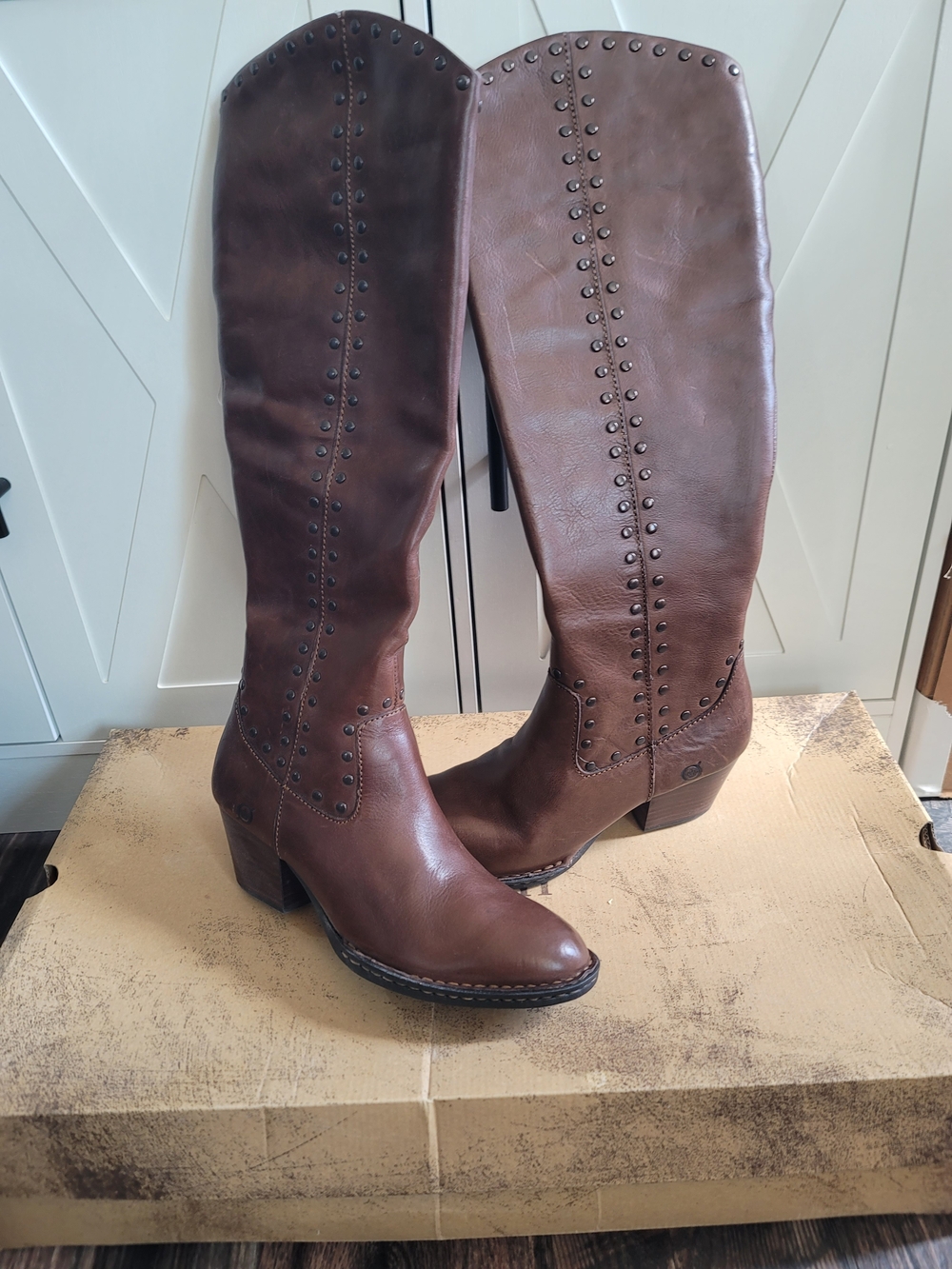 Born Brown Stud-Trim Knee Boots